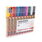 One4All 227HS Acrylic Basic 1 10-Marker Set One4All 227HS Acrylic Basic 1 10-Marker SetMolotow's 227 set includes 10 x ONE4ALL 227HS in the primary color spectrum. Each marker is equipped with the exchangeable 4mm Round-Tip. The set is packaged in a clear box with product information on the front and backside.    Color Listing;  1 x 006 zinc yellow   1 x 085 DARE orange  1 x 013 traffic red   1 x 161 shock blue middle  1 x 204 true blue   1 x 042 currant  1 x 200 neon pink  1 x 096 MISTER GREEN  1 x 160 signal white   1 x 180 signal black  